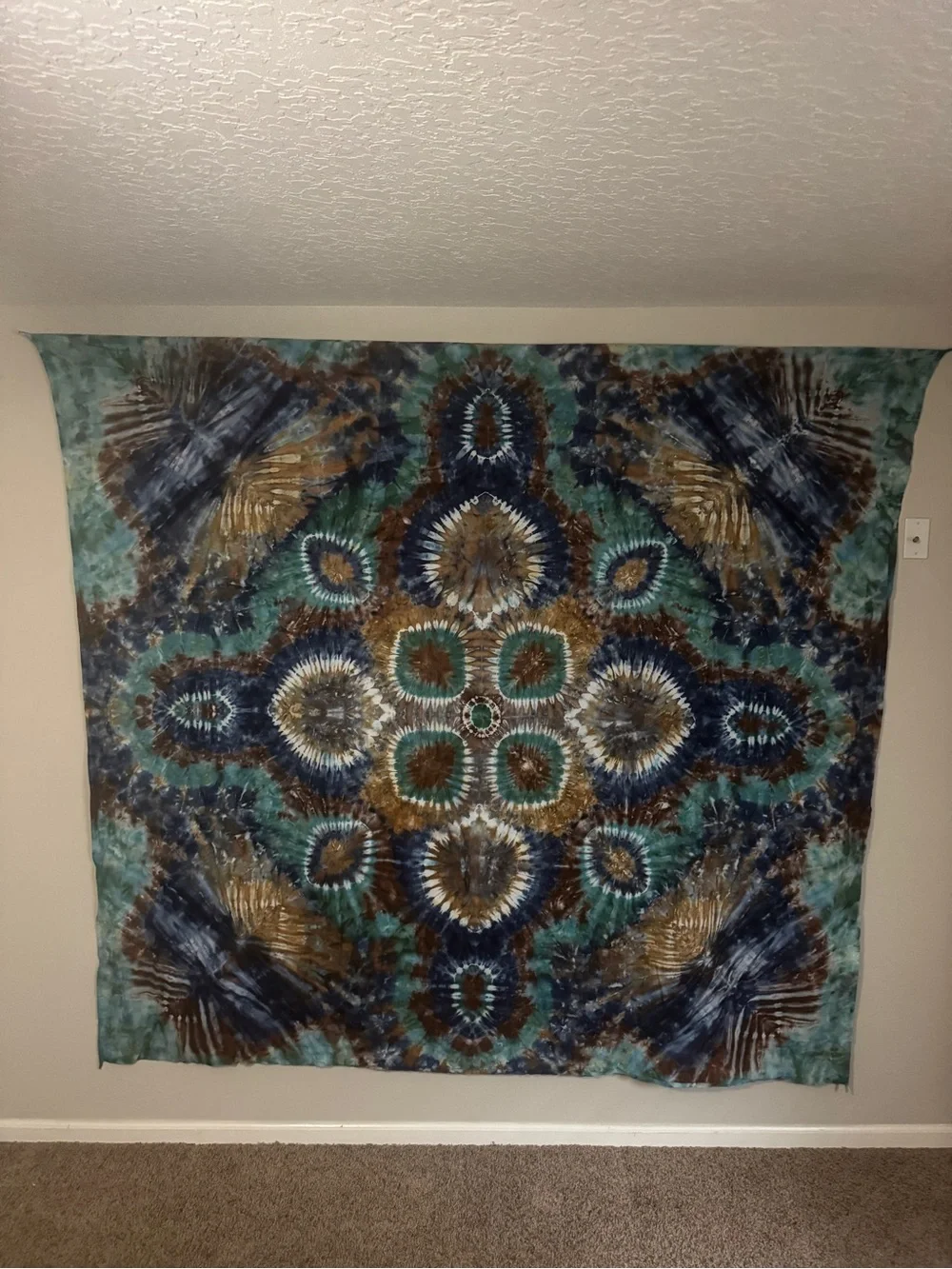 Handmade Tie-Dye Wall Tapestry in Teal, Navy and Brown